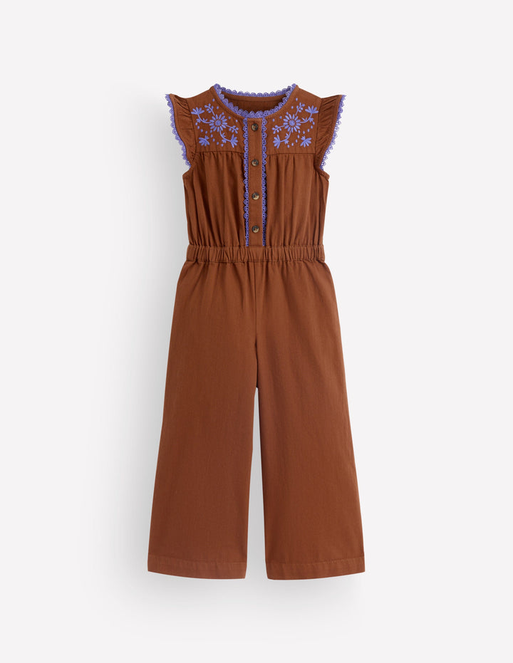 Jumpsuit aus Denim mit Flatterärmeln-Braun Stickerei