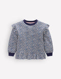 Pretty Frill Sweatshirt-Calico White/ Blue Leopard