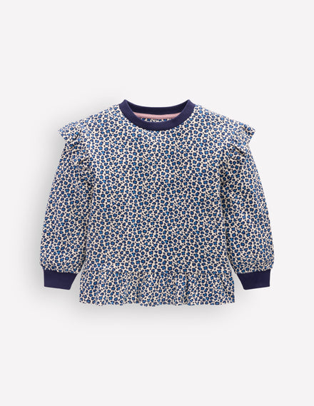 Joli sweat volanté-Blanc calico/léopard bleu