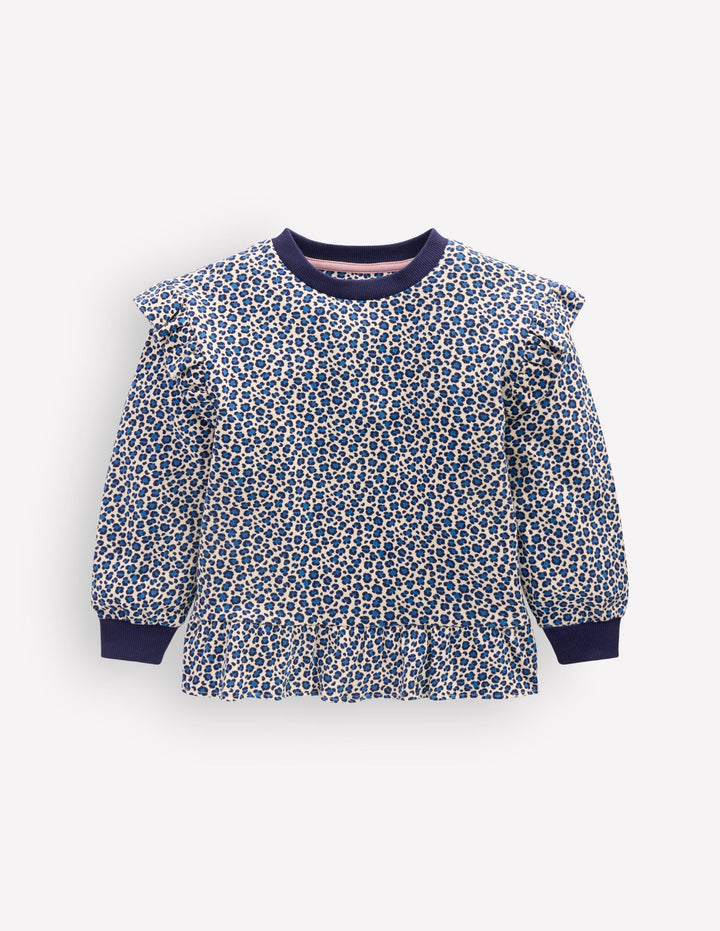 Hübsches Sweatshirt mit Rüschen-Calico-Weiß/Blaues Leopardenmuster