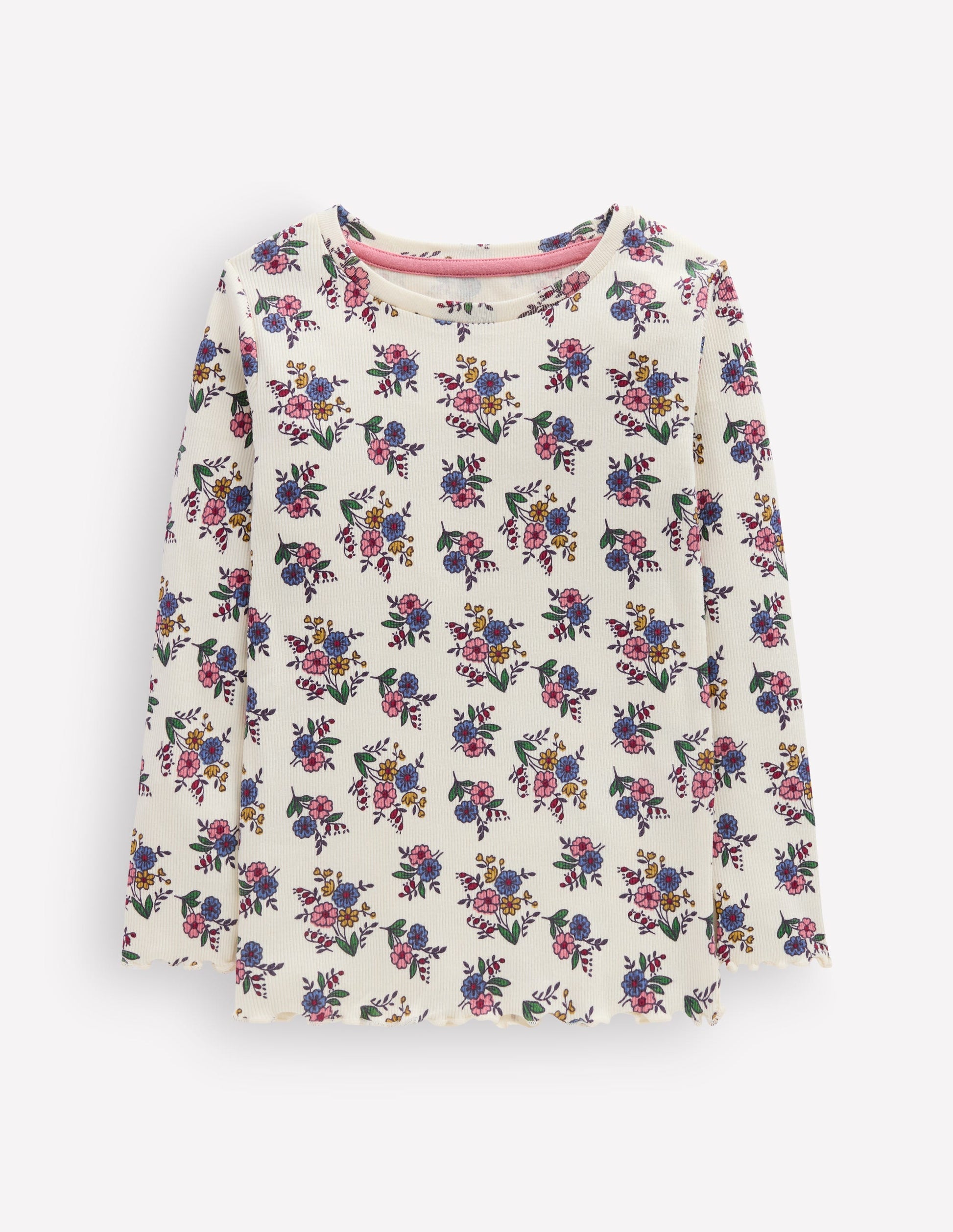Geripptes Langarmshirt-Naturweiß Kleines Blumenmuster-1