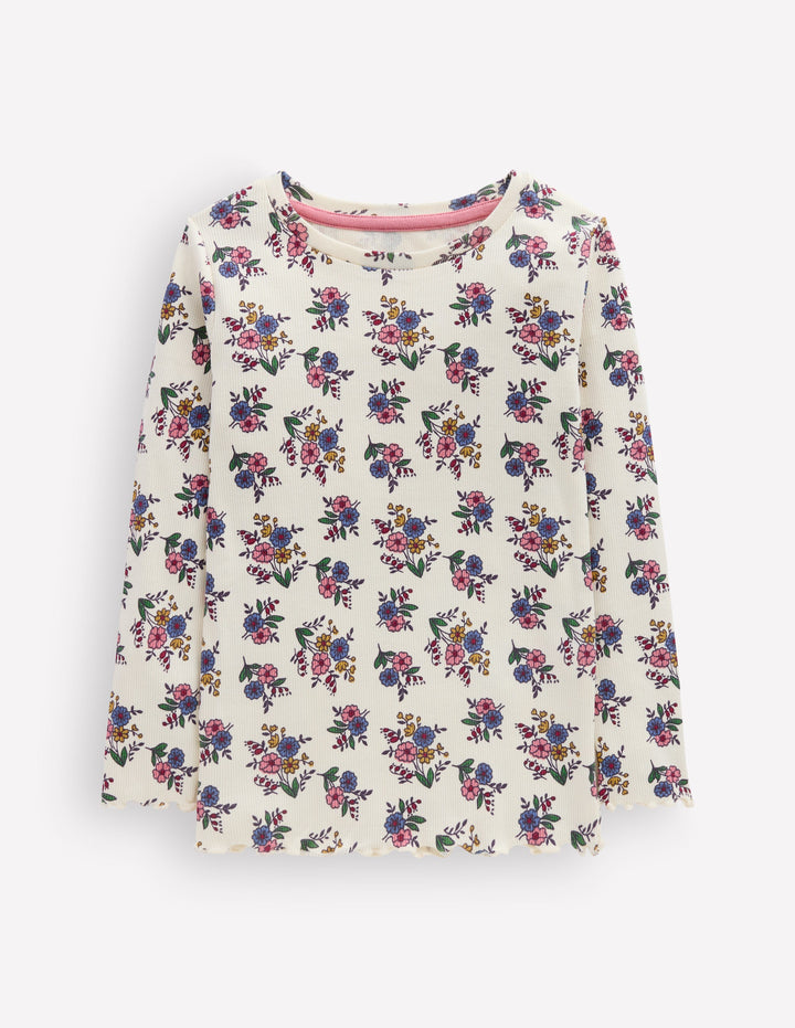 Geripptes Langarmshirt-Naturweiß Kleines Blumenmuster