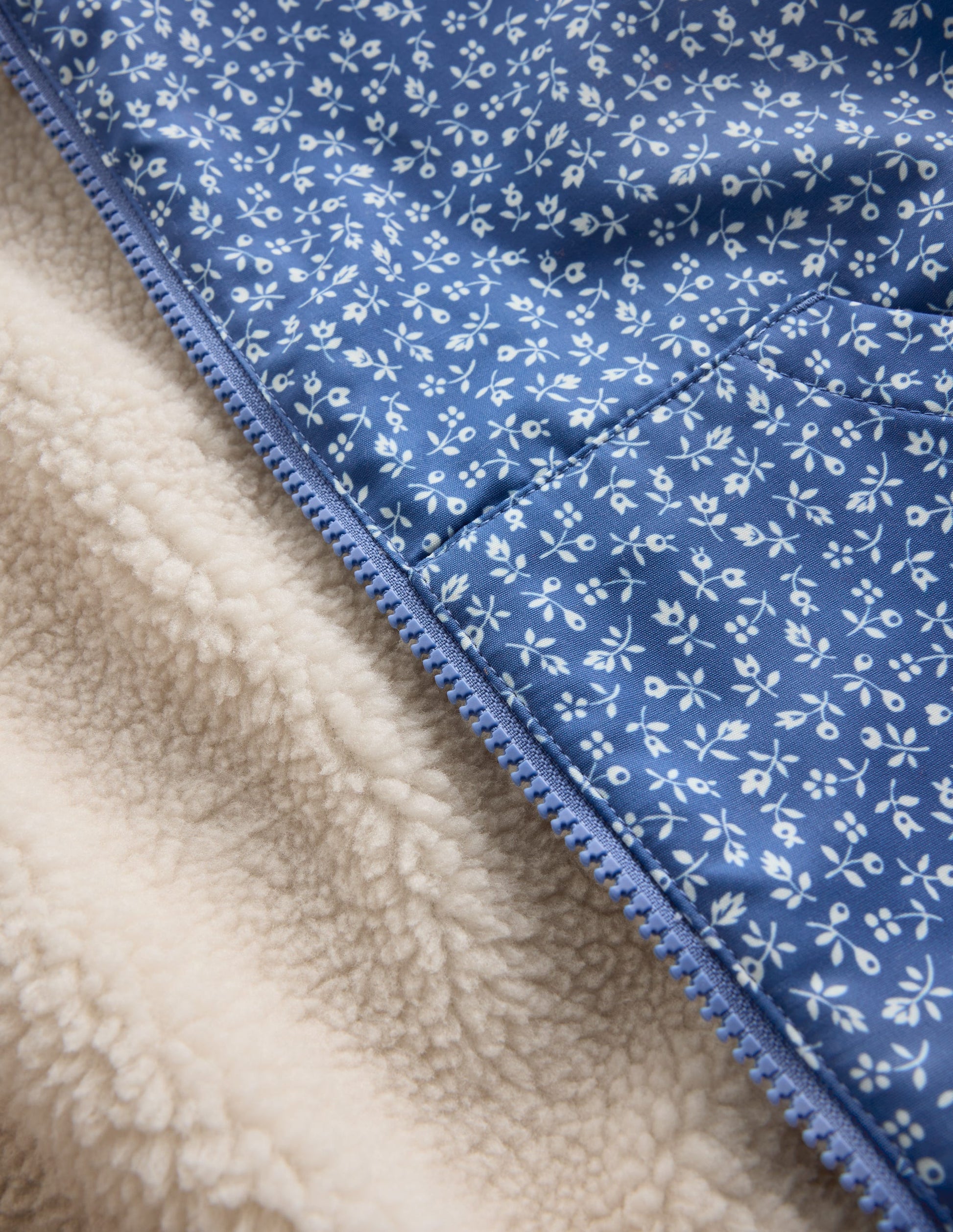 Wendbare Teddyfell-Bomberjacke mit Kapuze-Blauhäher Kleines Blumenmuster-7