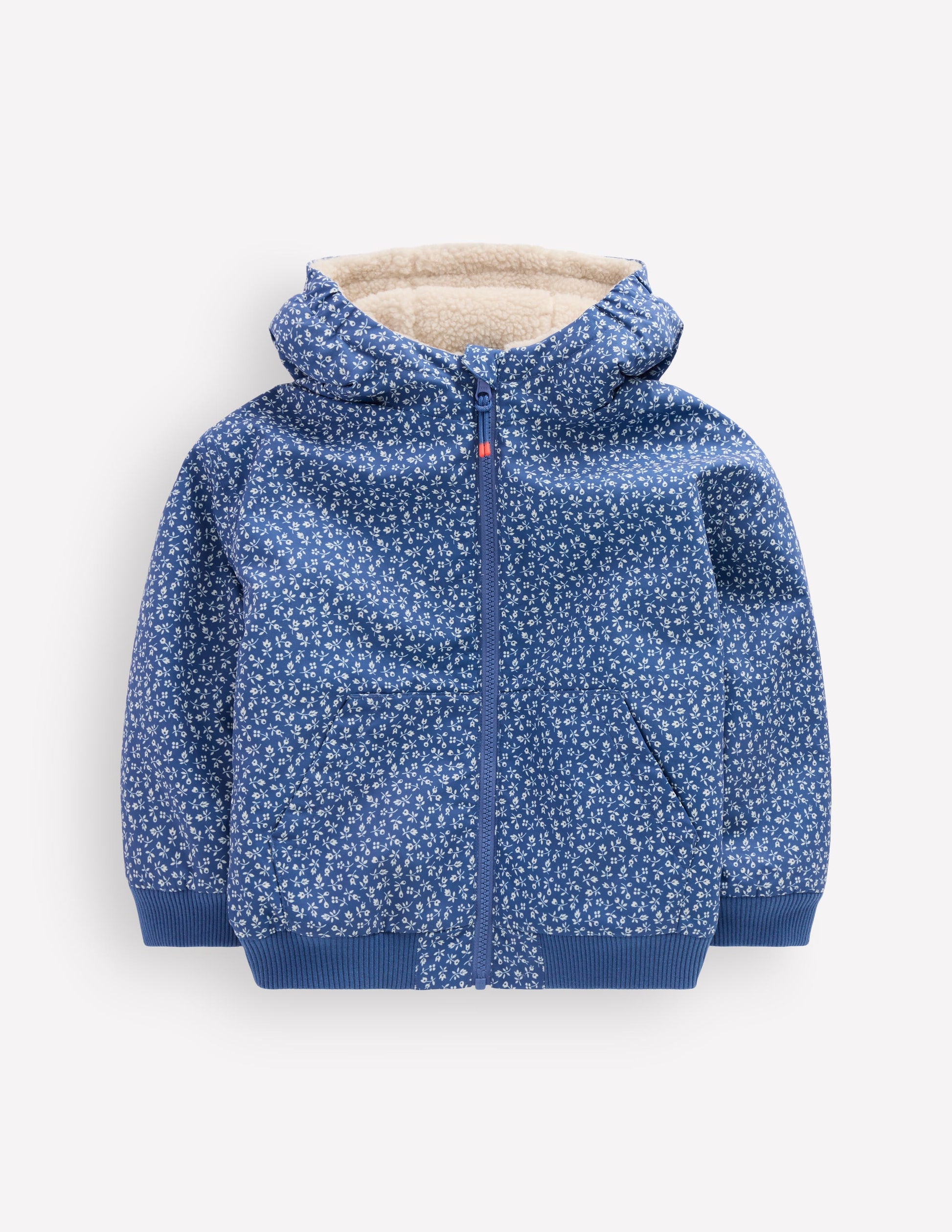 Wendbare Teddyfell-Bomberjacke mit Kapuze-Blauhäher Kleines Blumenmuster-5