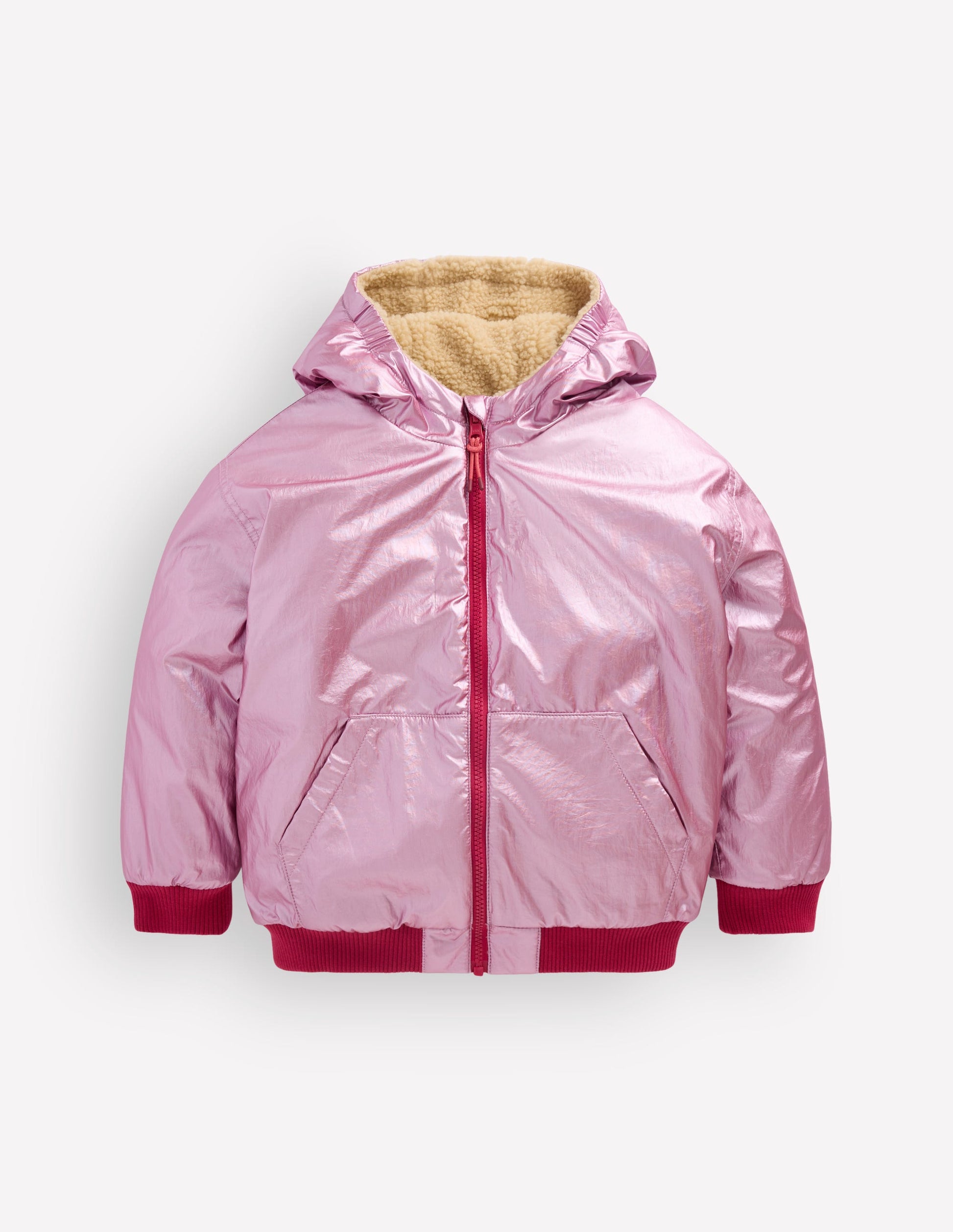 Wendbare Teddyfell-Bomberjacke mit Kapuze-Rosa-Metallic-6