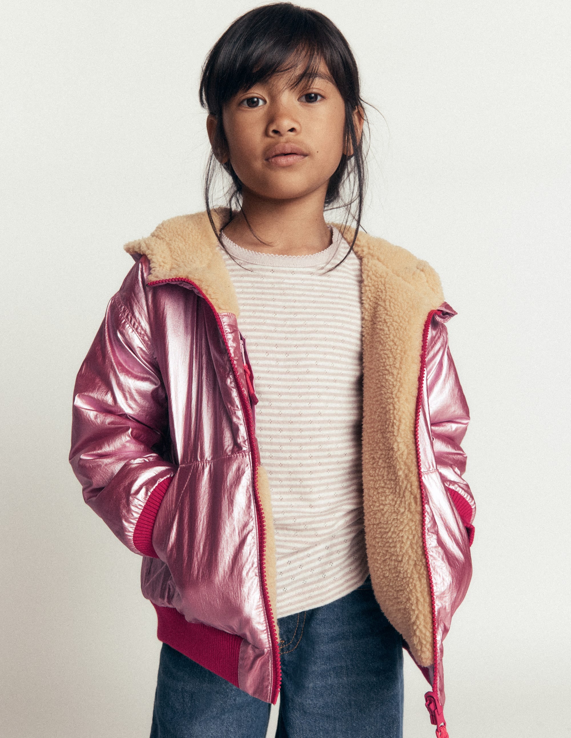 Wendbare Teddyfell-Bomberjacke mit Kapuze-Rosa-Metallic - Image 2