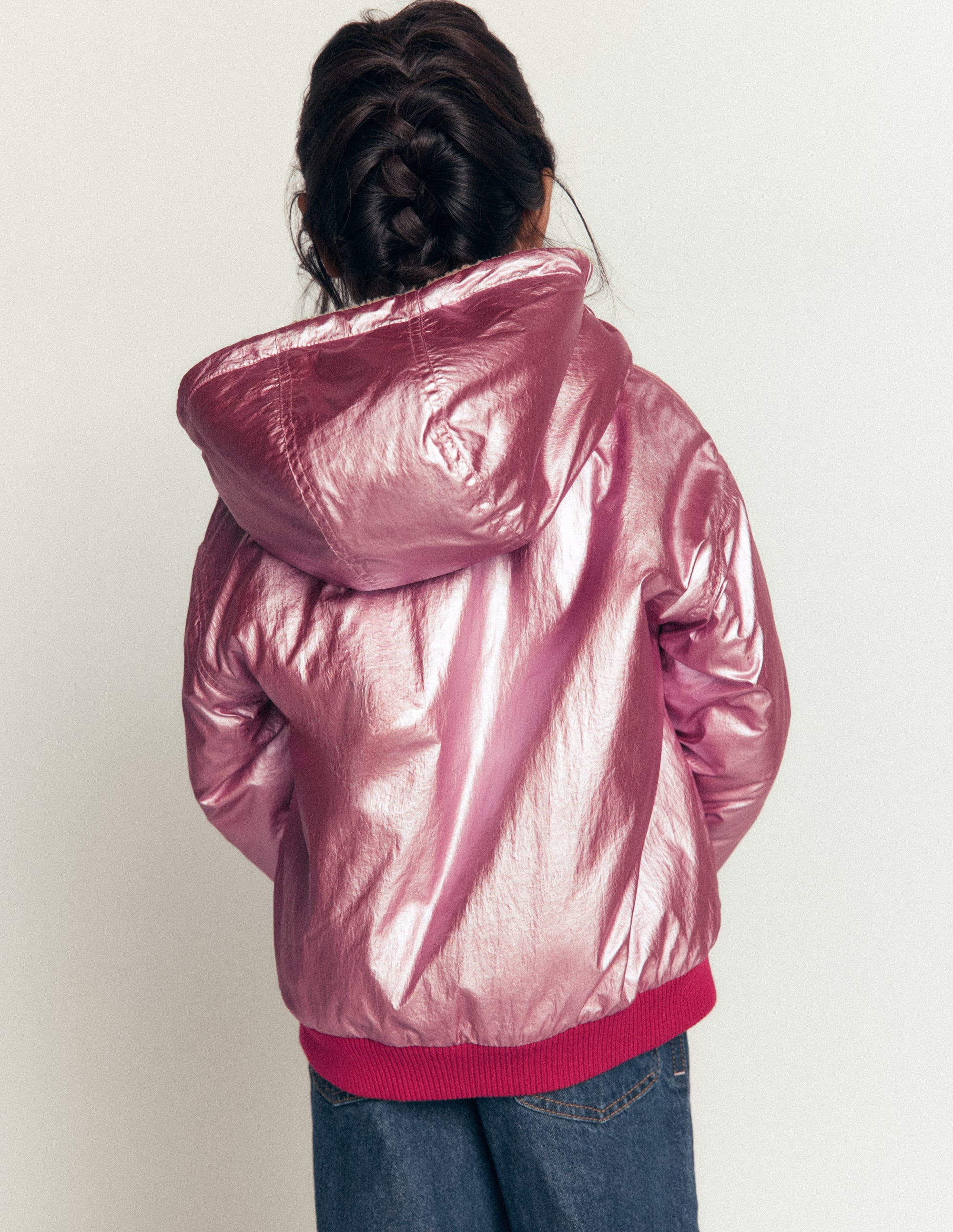 Wendbare Teddyfell-Bomberjacke mit Kapuze-Rosa-Metallic - Image 4