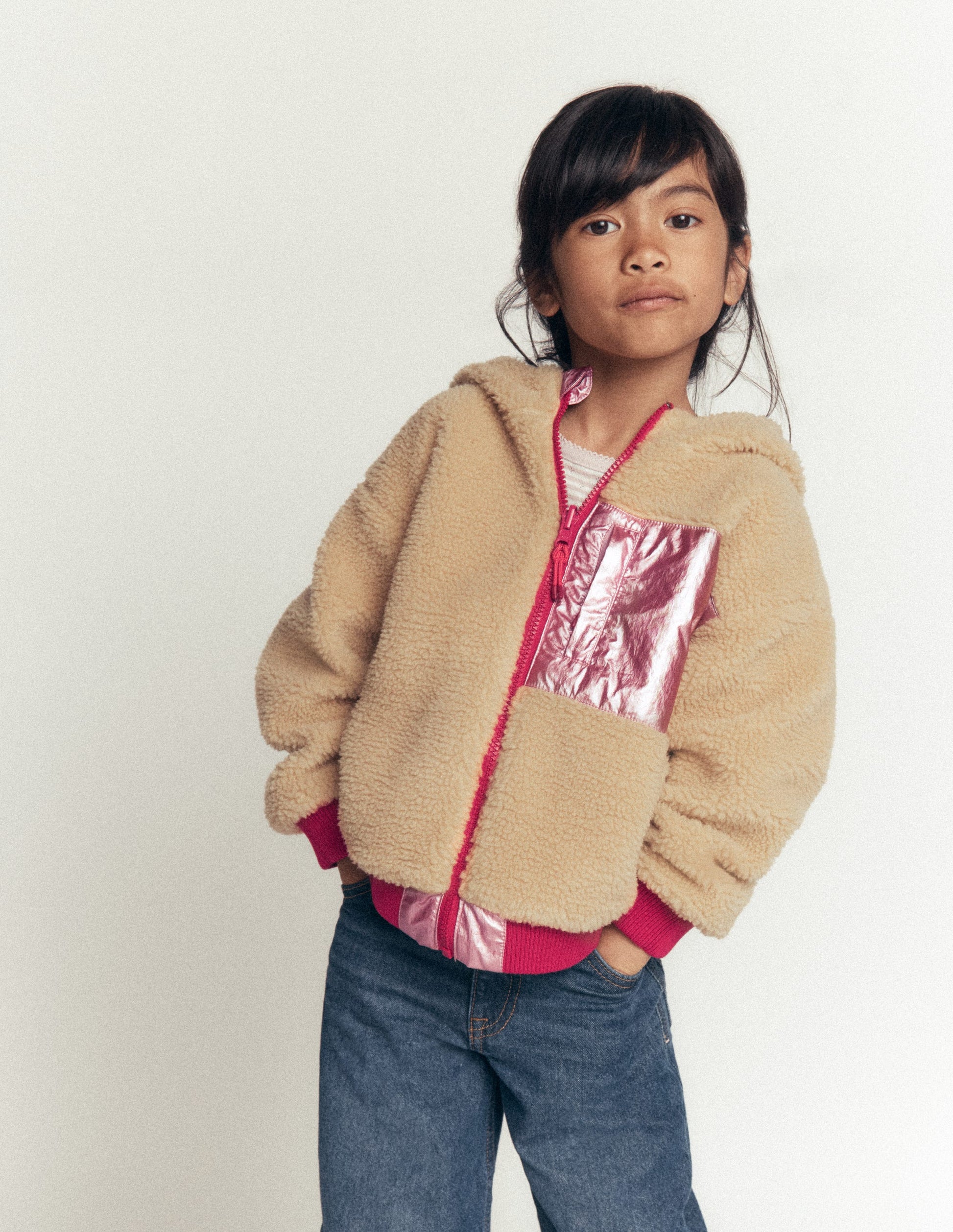 Wendbare Teddyfell-Bomberjacke mit Kapuze-Rosa-Metallic-5