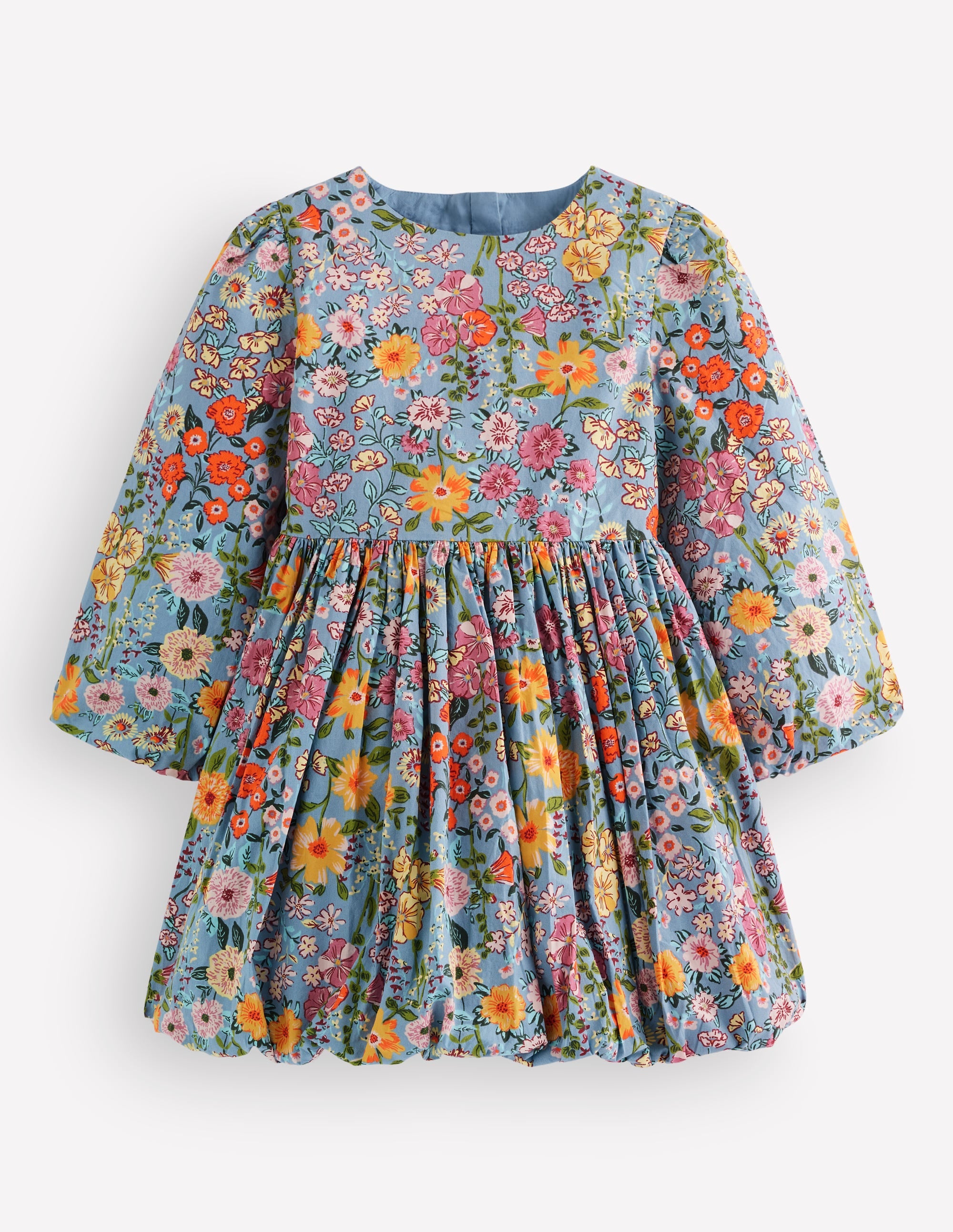 Langärmliges Kleid mit Ballonsaum-Blau mit buntem Blumenmuster - Image 1
