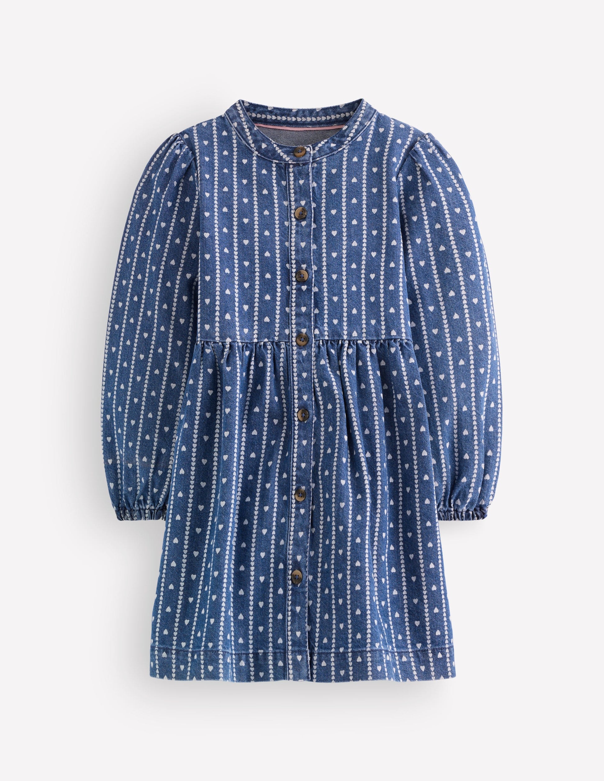 Betsy Gewebtes Kleid mit Puffärmeln-Denim Winzige Herzchen-2