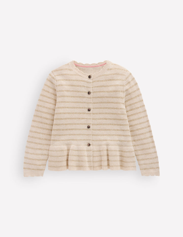 Hübsche Strickjacke mit Schößchen-Haferbeige Meliert Glitzernde Streifen
