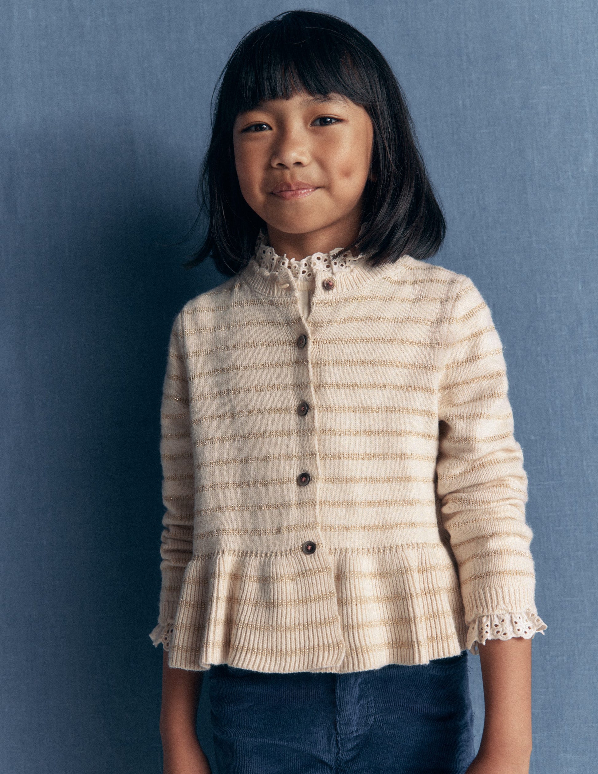 Hübsche Strickjacke mit Schößchen-Haferbeige Meliert Glitzernde Streifen-1