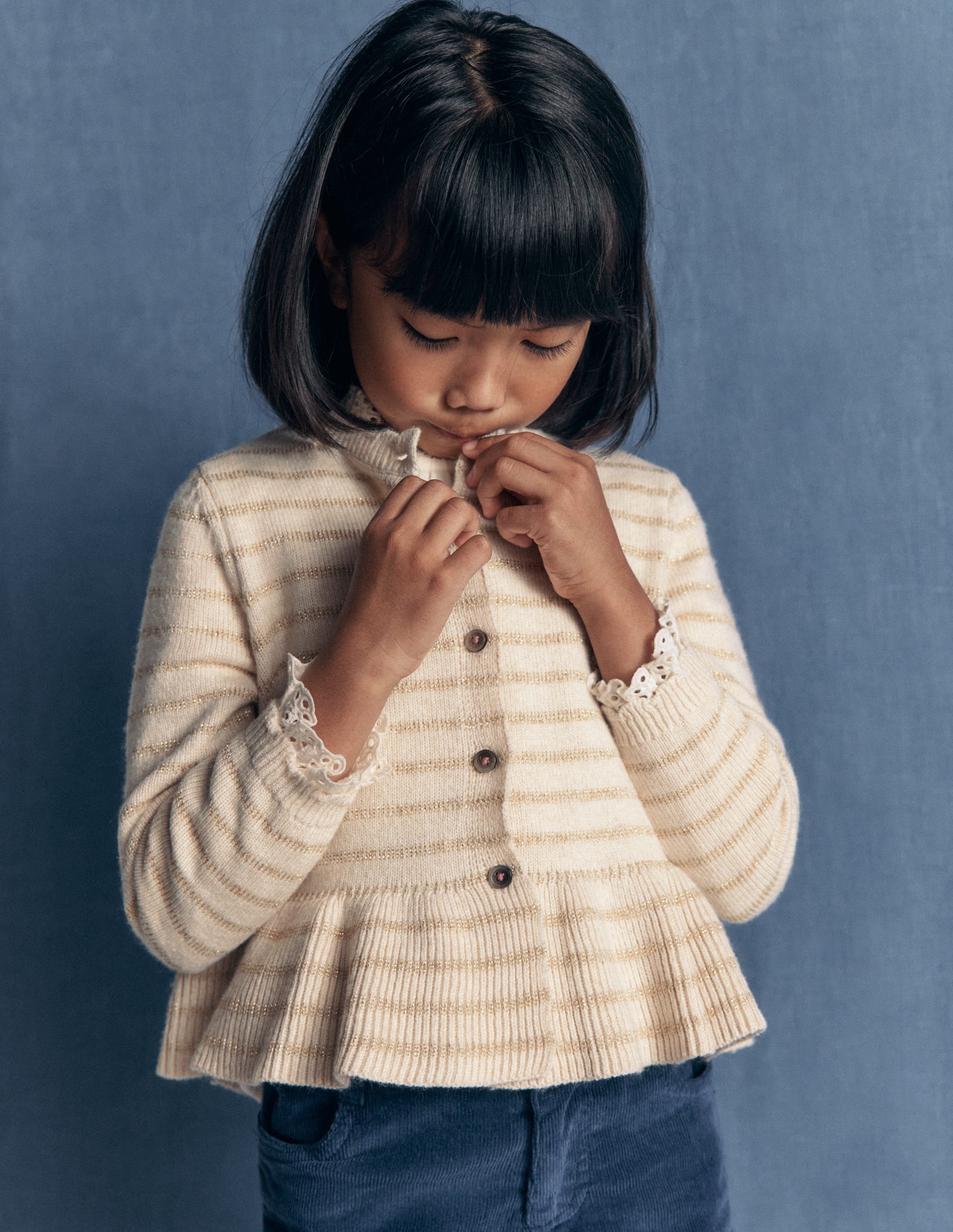 Hübsche Strickjacke mit Schößchen-Haferbeige Meliert Glitzernde Streifen - Image 2