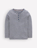 Langärmliges Henley-Shirt-Sanftes Naturweiß/Marineblau Streifen