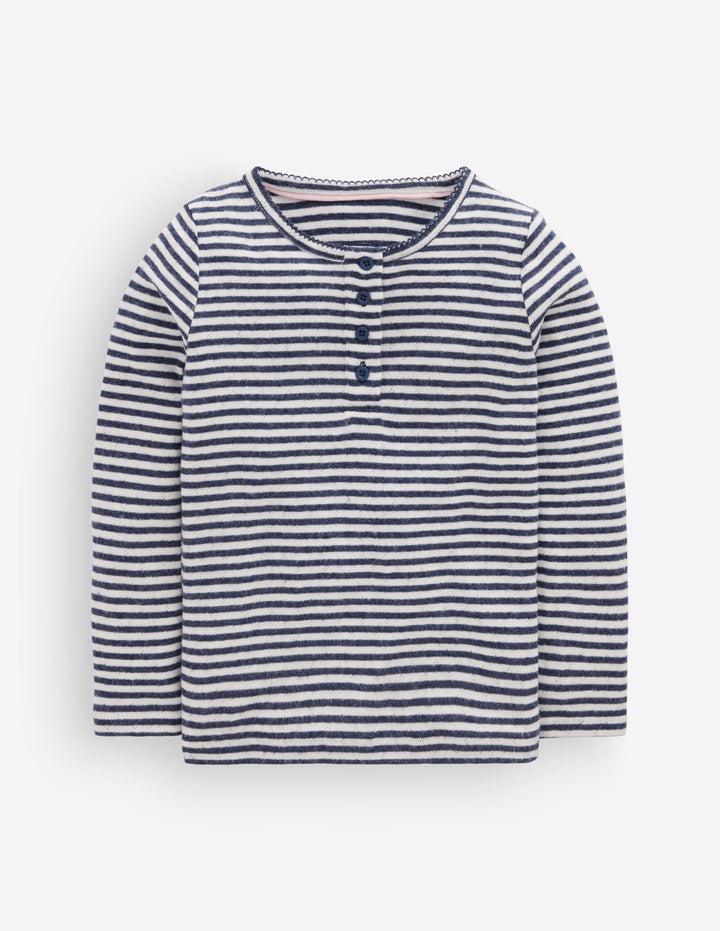 Langärmliges Henley-Shirt-Sanftes Naturweiß/Marineblau Streifen