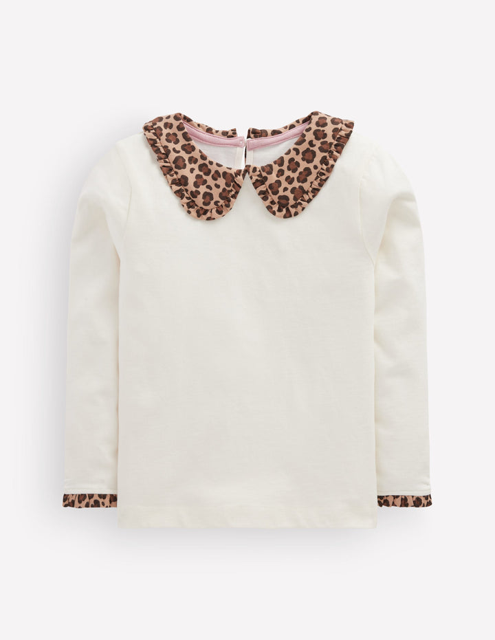 Breton Jersey-Oberteil mit Kragen-Sanftes Naturweiß Leopardenmuster