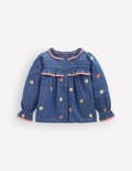 Frill Button Through Woven Top-Chambray Embroidery