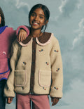 Bestickte Teddyfelljacke-Naturweiß mit Stickerei