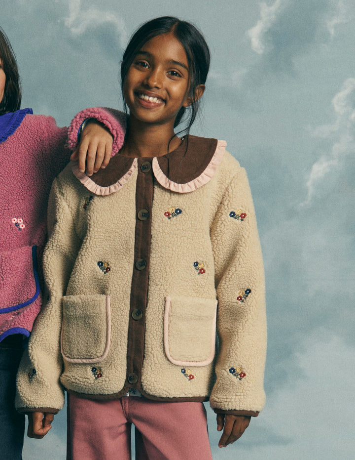 Bestickte Teddyfelljacke-Naturweiß mit Stickerei