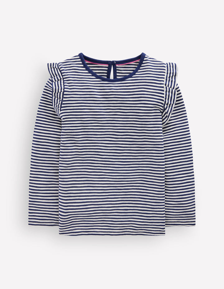 Oberteil aus Flammgarn mit Rüschenärmeln-Sanftes Naturweiß/Schuluniform-Marineblau