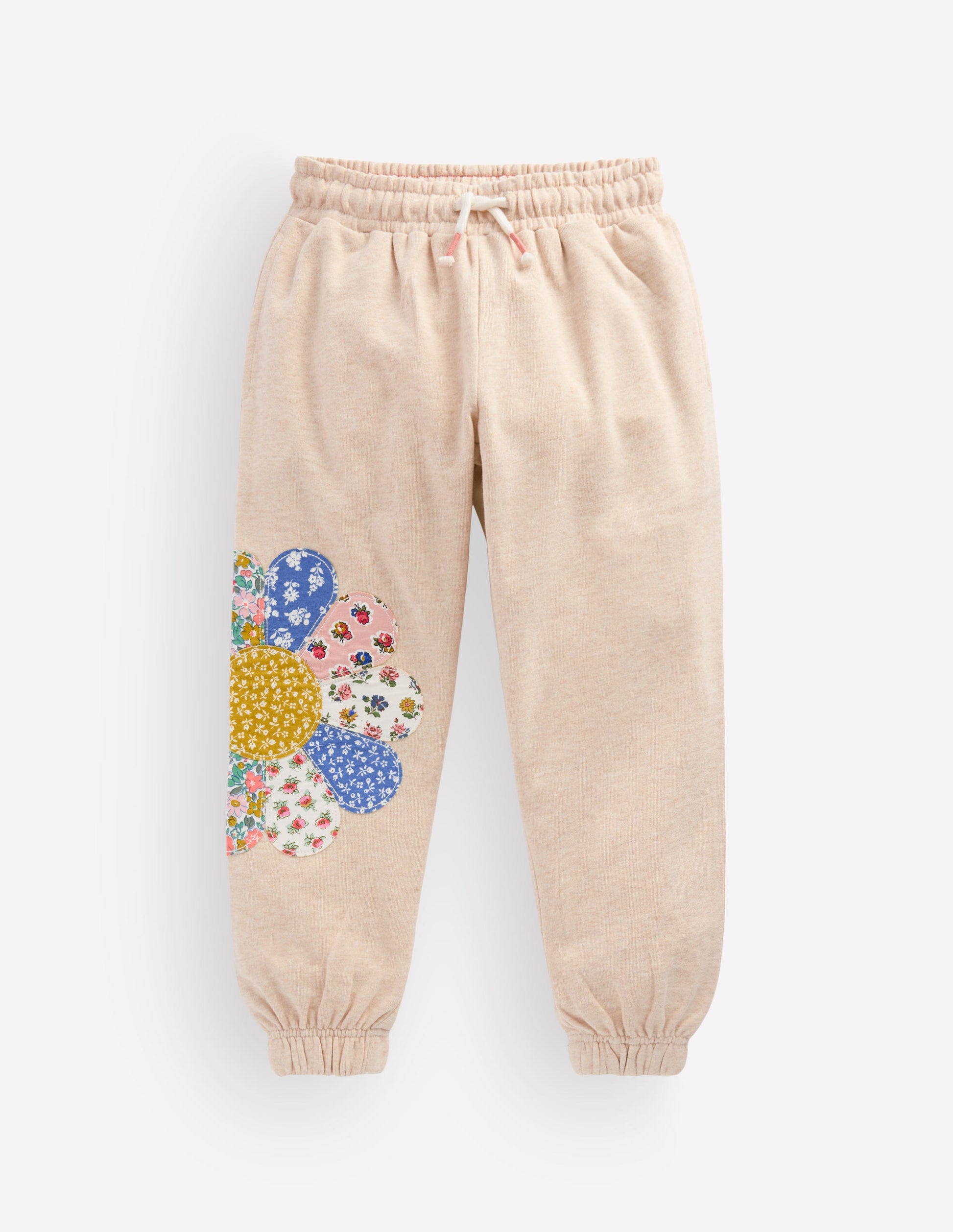 Jogginghose mit Applikation und Bündchen-Haferbeige Patchwork-Blume-2