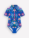 Maillot de bain à manches courtes-Motif floral et oiseau bleu martin-pêcheur