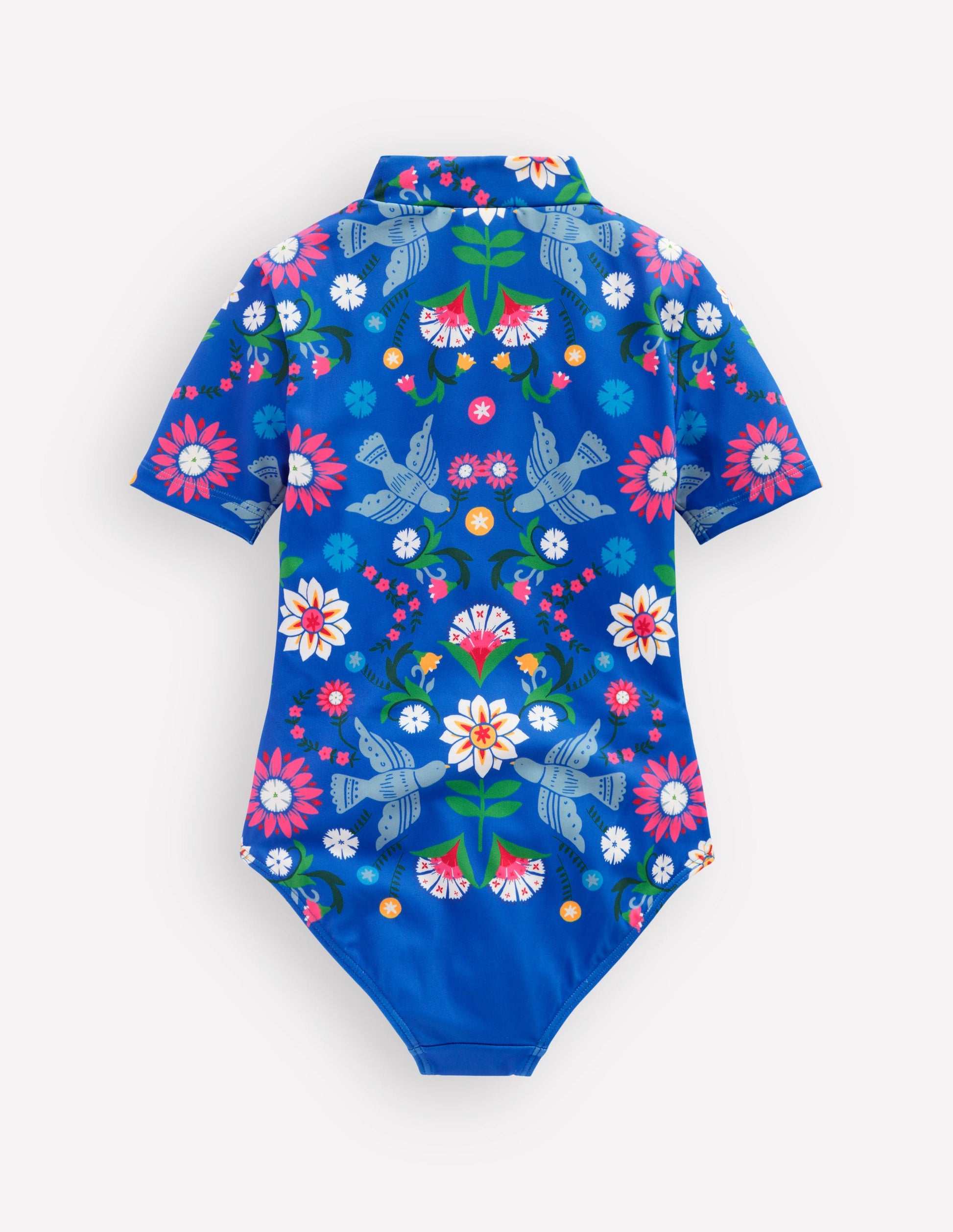 Kurzärmliger Badeanzug-Eisvogelblau Vögel Blumenmuster-2
