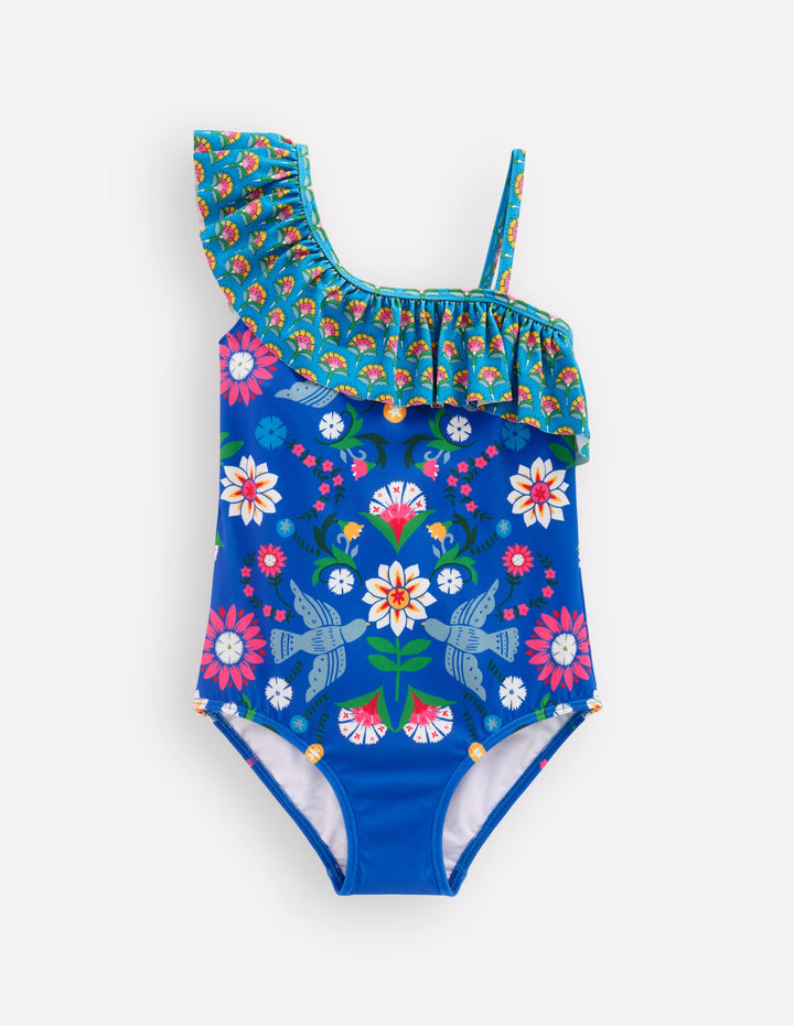 Lila Badeanzug mit einem Träger-Eisvogelblau Vögel Blumenmuster
