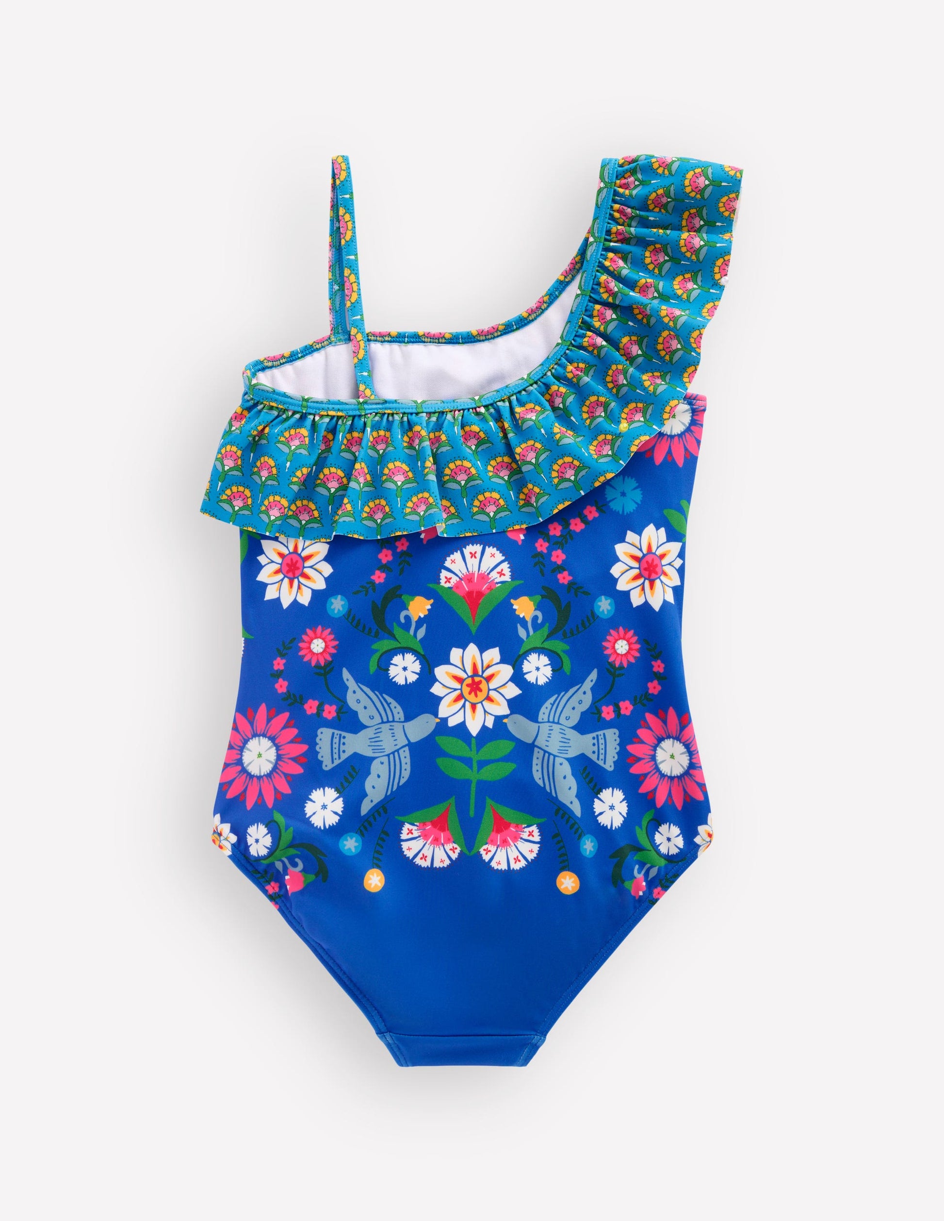 Lila Badeanzug mit einem Träger-Eisvogelblau Vögel Blumenmuster-2