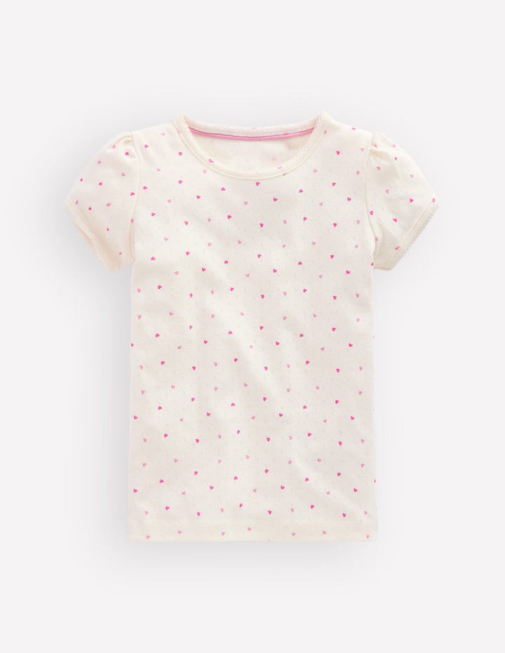 Kurzärmliges Pointelle-Oberteil-Rosa Herzen
