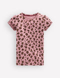 Kurzärmliges Pointelle-Oberteil-Vintage-Rosa Leopardenmuster