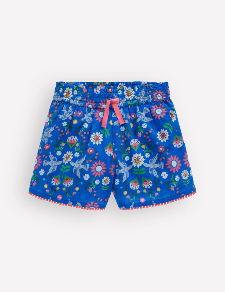 Pull-on Holiday Shorts-Kingfisher Blue Bird Floral