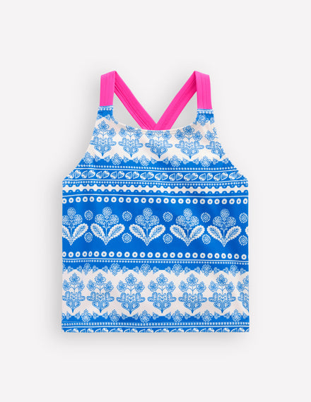 Tankini-Oberteil mit gekreuzten Rückenträgern-Azurblau Holzblock