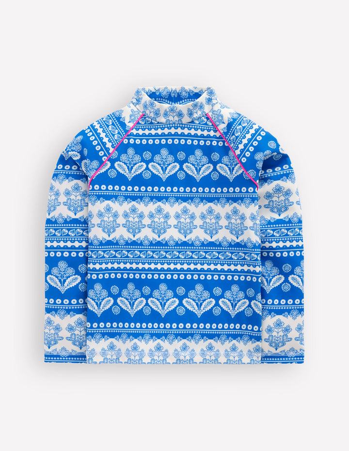 Gemustertes Badeshirt mit Sonnenschutz-Azurblau Holzblock