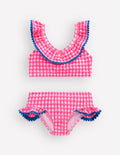 Bikini mit Rüschen und V-Ausschnitt-Neonpink Vichykaro