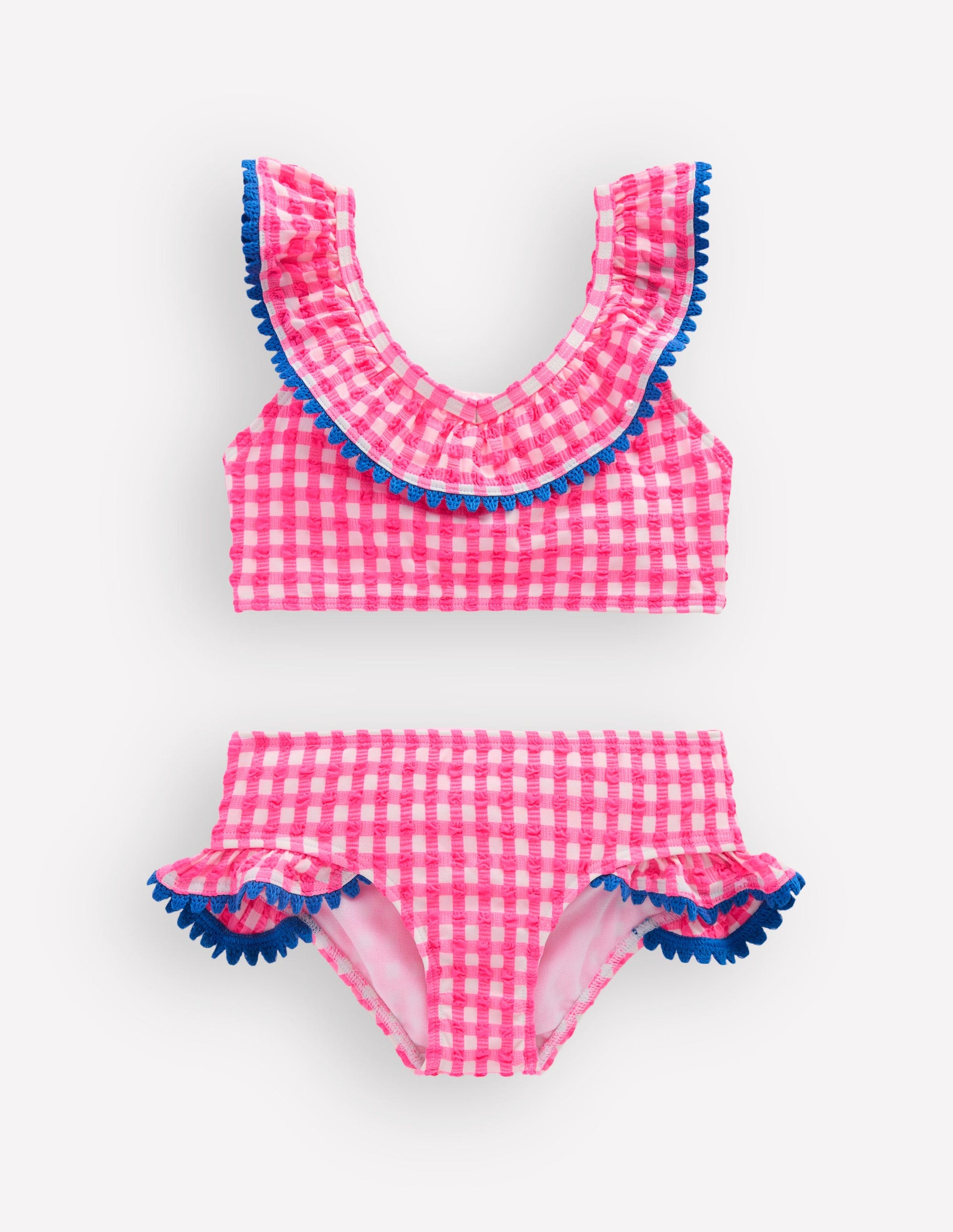 Bikini mit Rüschen und V-Ausschnitt-Neonpink Vichykaro-2