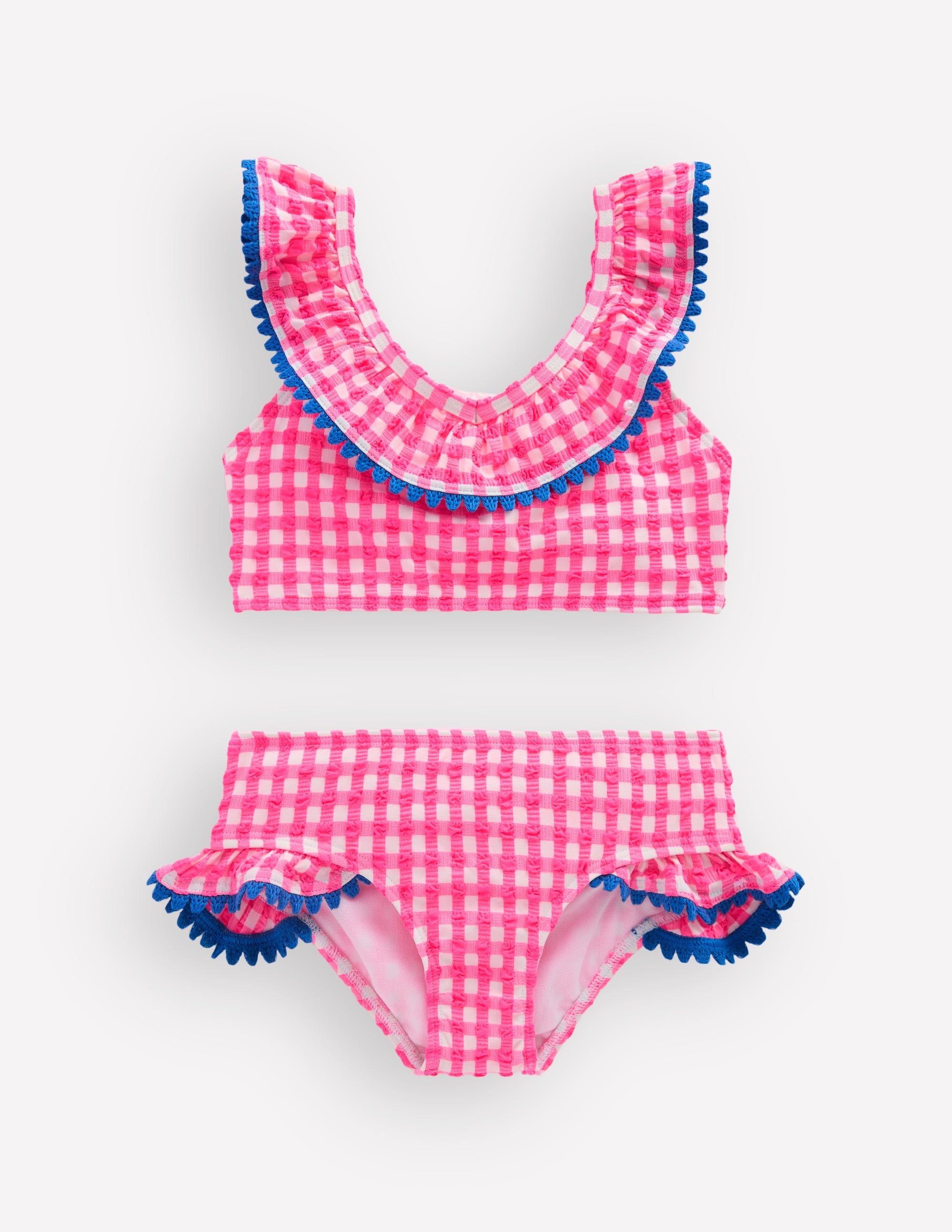 Bikini mit Rüschen und V-Ausschnitt-Neonpink Vichykaro - Image 1