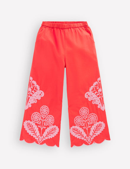 Pantalon à ourlet festonné-Broderie rouge fluo épicé
