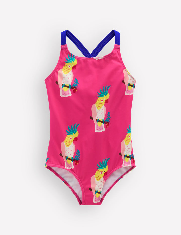 Bedruckter Badeanzug mit gekreuzten Trägern-Rosa Tropischer Vogel