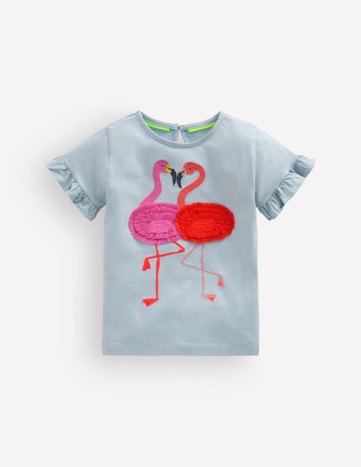 Hübsches T-Shirt mit Rüschen-Nebelblau Flamingos