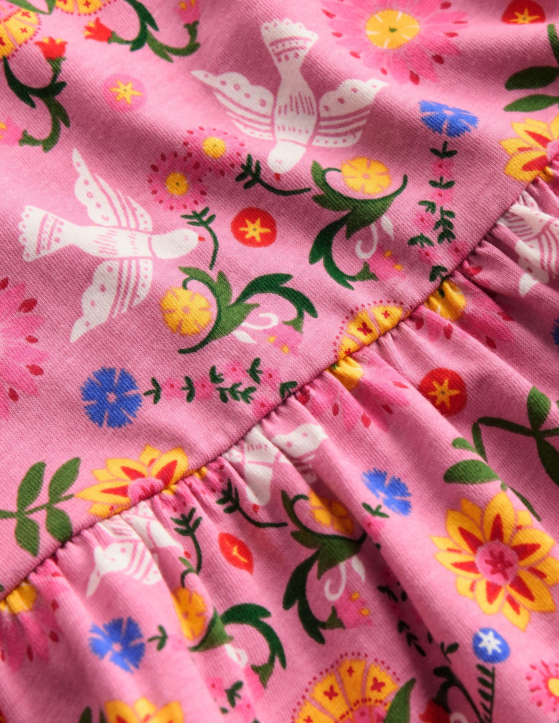 Jerseykleid mit Herzausschnitt am Rücken-Kirschblütenrosa Vögel Blumenmuster-3