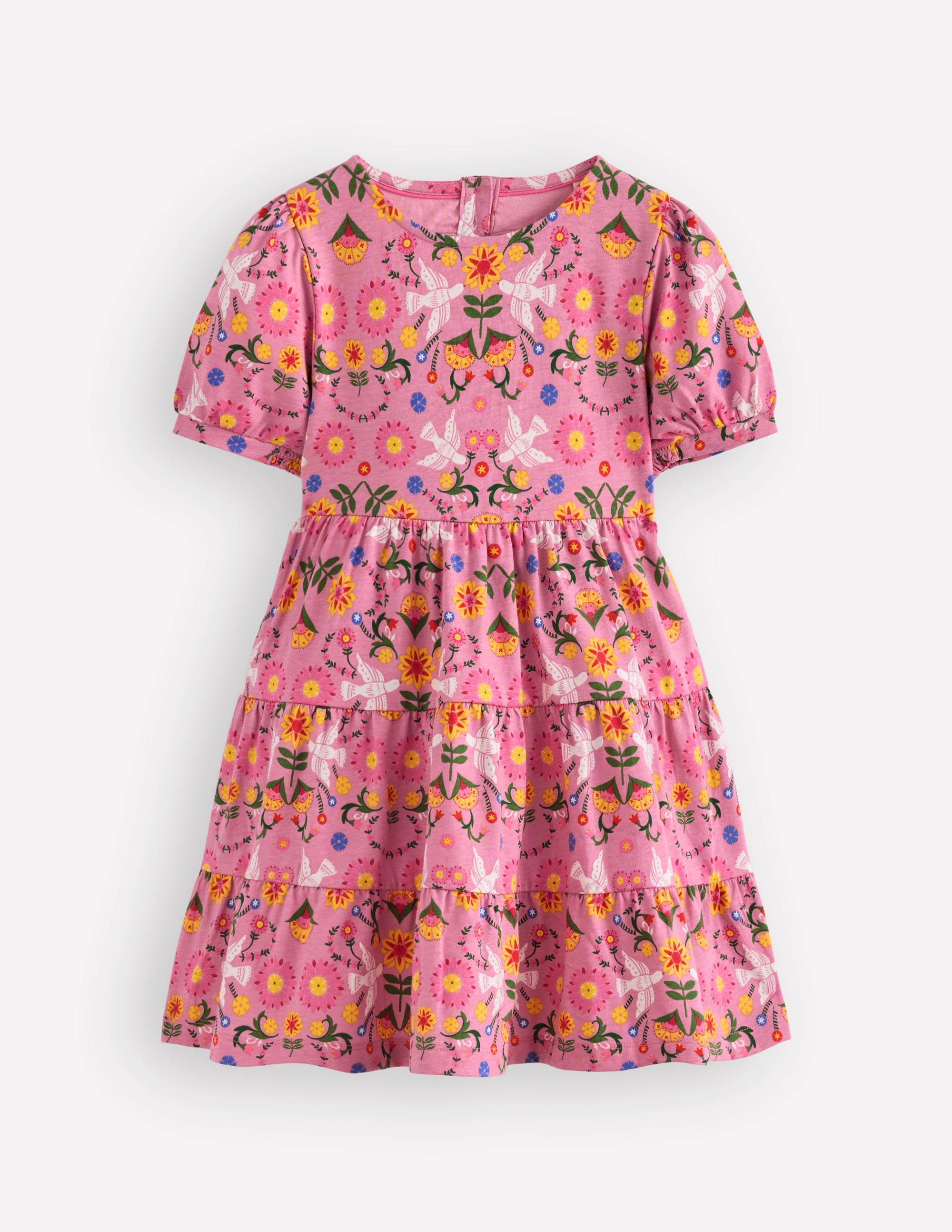Jerseykleid mit Herzausschnitt am Rücken-Kirschblütenrosa Vögel Blumenmuster - Image 1