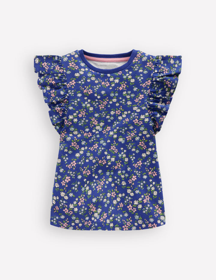 Gemustertes Oberteil mit Rüschenärmeln-Blau Kleines Blütenmuster