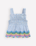 Embroidered Shirred Top-Ticking Rainbows