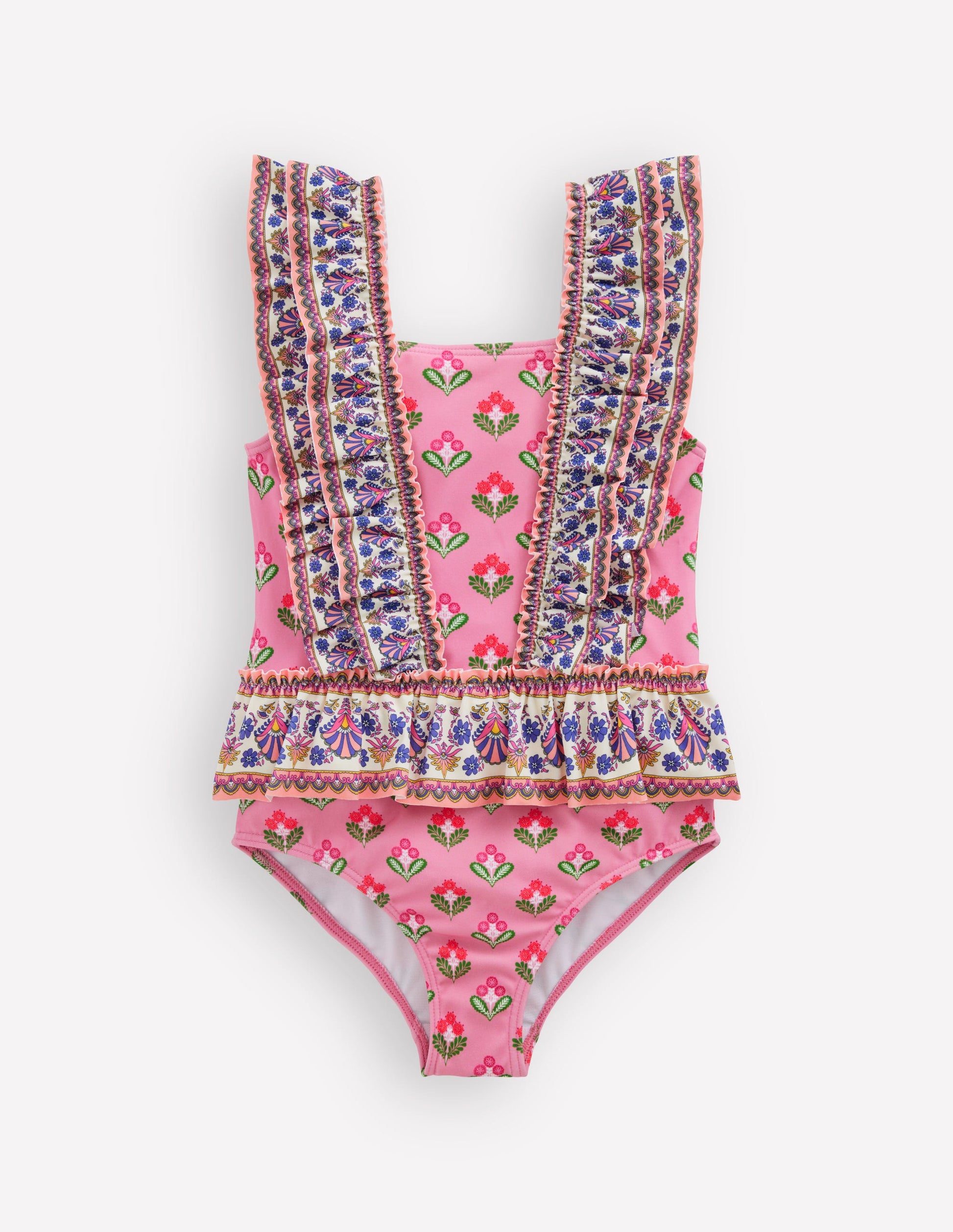 Badeanzug mit Rüschen und Schößchen-Rosa Bunt Holzblock-2