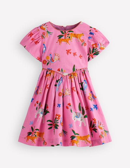 Robe tissée à taille en V-Motif Tropical Animals rose formica