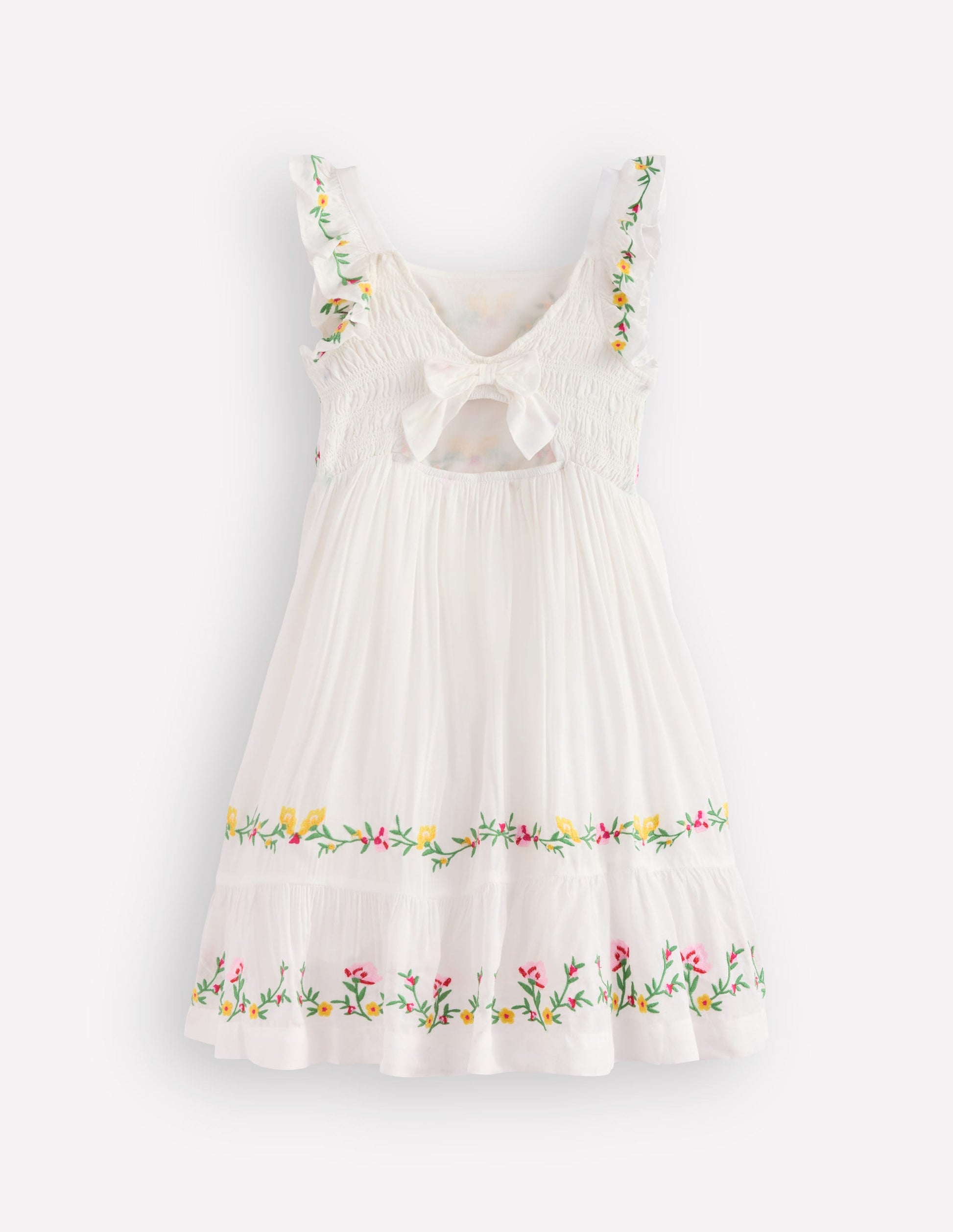 Gesmoktes Kleid mit Stickerei und Schleife-Sanftes Naturweiß-3