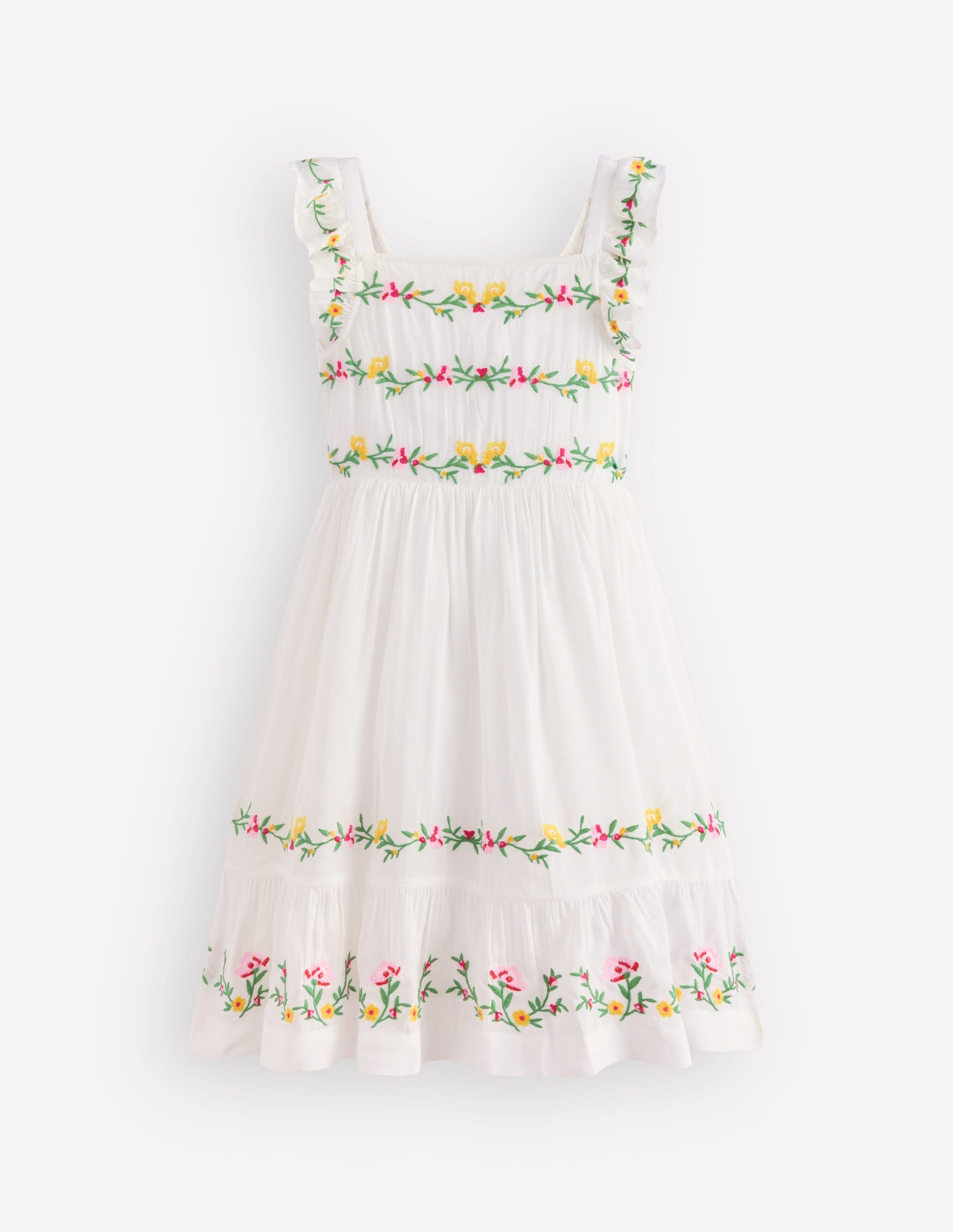 Gesmoktes Kleid mit Stickerei und Schleife-Sanftes Naturweiß-2