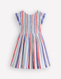 Bow Back Shirred Dress-Bright Blue/ Poppy Red Stripe