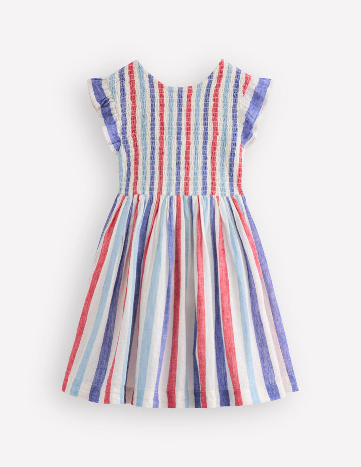 Gerafftes Kleid mit Schleife am Rücken-Leuchtendes Blau/Mohnblumenrot Streifen